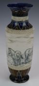 Royal Doulton pedestal vase sgraffito decorated with ponies, signed Hannah Barlow, H25.5cm