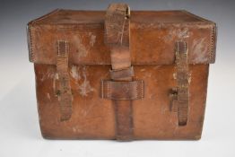 Vintage leather fishing tackle case embossed 'Army & Navy Stores', W31 x D24 x H21cm