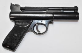Webley Mark 1 .22 air pistol with named and chequered grips and adjustable sights and trigger,