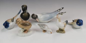 Seven Copenhagen and Bing & Grondhal bird ornaments comprising Seagull, Tufted Duck, Duck on base,
