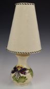 Moorcroft lamp decorated with aquilegia flowers, H17cm, with shade 43cm