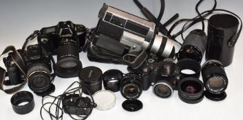 Cameras, lenses and accessories including Canon T90 SLR with 35-105mm 1:3.5-4.5 lens, Vivitar 28-