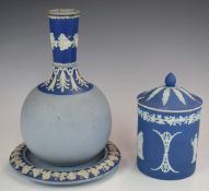 Wedgwood Jasperware preserve jar, guglet and underplate or teapot stand, tallest 26cm