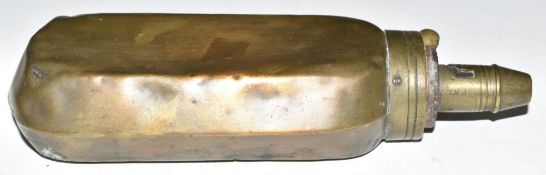 Copper and brass hexagonal powder flask, 17cm long.