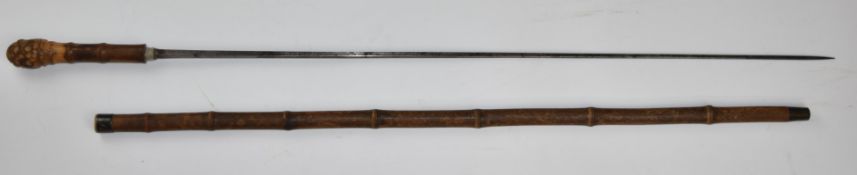 Late 19th/ early 20thC dagger or swordstick with silver collared bamboo scabbard and handle and 30