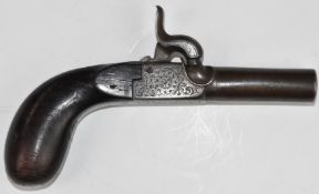 Belgian percussion hammer action pocket pistol with engraved lock, underside, top plate, hammer