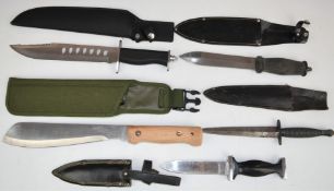 Five various knives including military style machete and sheath (blade length 26cm), hunting knife