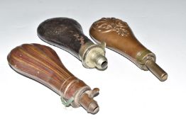 Three various powder flasks comprising a Sykes 'Improved Best Quality' leather covered example and