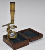 19thC Cary Gould-type pocket monocular microscope (unsigned), in velvet lined mahogany case with