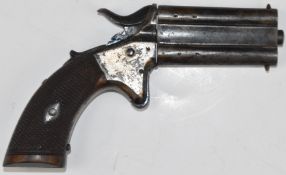 Woodward's patent hammer action double barrelled over and under pocket pistol with chequered
