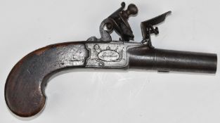 Twigg of London flintlock pocket pistol with named and engraved locks, folding trigger, shaped