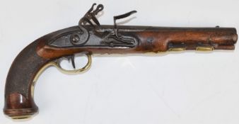 Belgian flintlock holster pistol with brass trigger guard, butt cap and mounts, wooden ram-rod,