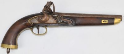 Flintlock hammer action sea service pistol with brass butt plate, trigger guard and mounts, belt