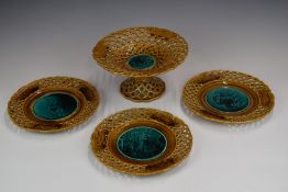 Rubelles S & M 19thC reticulated majolica tazza and three plates, H14 x D23.5cm
