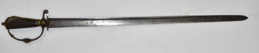 Continental short/court sword with fixed wooden handle and 60cm long fullered blade engraved with