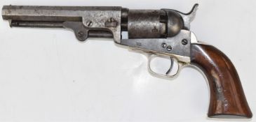 Colt 1849 .31 single-action pocket revolver with shaped wooden grips, silver plated trigger guard