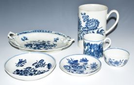 First period Worcester tankards, teaware and dish, tallest 12cm