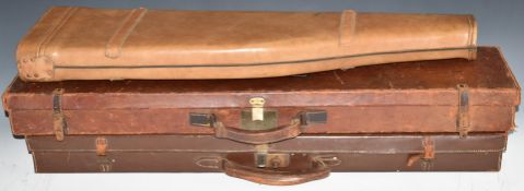 Three leather bound shotgun carry cases including a leg of mutton example, all with fitted