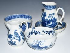 First period Worcester/Lowestoft teaware and two sparrow beak jugs, tallest 10.5cm
