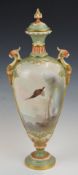 Royal Worcester covered pedestal vase with twin figural griffin handles and two large painted
