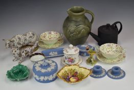 Collection of ceramics including French faience cow and cat, Aynsley fruit dish, Foley, Wedgwood,