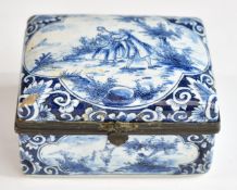 18th/19thC Delft casket with hinged lid, figural decoration and initials AK to base, W9 x D7.5 x
