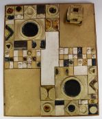 Ceramic studio pottery abstract plaque with two associated pottery cubes, by repute ex Roger Walters