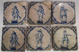 Six 17th/18thC Dutch Delft tiles decorated with soldiers, 13 x 13cm