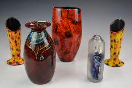 Four Anita Harris pottery vases including a pair, and a Jane Charles signed studio glass vase,