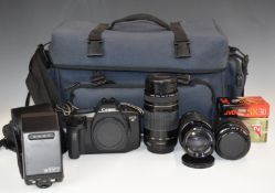 Canon EOS RT 35mm SLR camera outfit including 35-70mm and 75-300mm lenses, flashgun and an