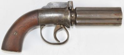 Unnamed percussion bar hammer action six-shot pepperbox pistol or revolver with wooden grips and 3.5