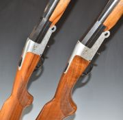 A matched pair of BSA 12 bore single barrelled folding poacher's shotguns each with chequered semi-