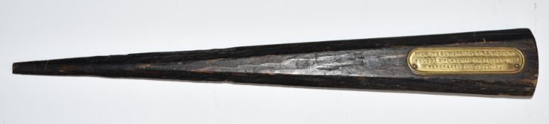 Royal Navy interest wooden letter opener with attached inscription stating 'From the Bowspirit of