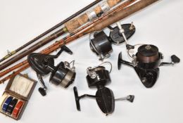 Two Mitchell fishing reels, two Intrepid reels, Hardy fishing rod, split cane rod