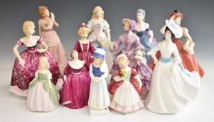 Twelve Wedgwood, Royal Doulton and Coalport figures including Lucy, Margaret and Laura, tallest