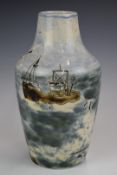 Cobridge stoneware trial vase decorated with a trawler at sea, with JS, CM and 14-12-99 to base,