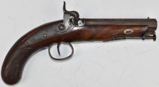 Joseph Manton percussion hammer action pistol with named lock, engraved trigger guard, hammer,