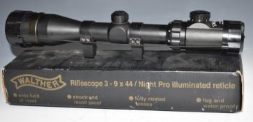 Walther 3-9x44 Night Pro rifle scope with scope mounts and lens covers, in original box together