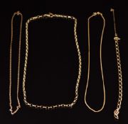 Three 9ct gold necklaces/ chains and a 9ct gold bracelet, 19.9g, 50cm, 45cm, 46cm and 18cm long