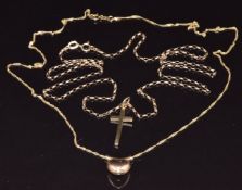 Two 9ct gold chains, a heart pendant and a cross pendant, 5.1g, 45cm and 61cm long