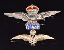 Two 9ct gold RAF brooches, one set with enamel, 7.5g