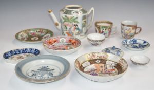Collection of 18thC / 19thC Chinese porcelain including armorial Canton cup and saucer, teapot,