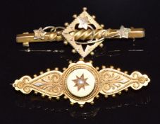 A 15ct gold brooch set with a seed pearl, Chester 1914, 2.5g, 4cm and a 9ct gold brooch, 1.2g, 3.