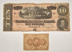 Confederate States of America $10 banknote, Richmond February 17th 1864, together with a c1862 5