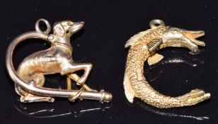 A yellow metal charm in the form of a fish and a 9ct rose gold lurcher charm, 3.8g