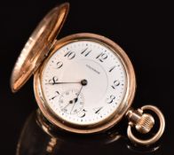 Waltham gold plated keyless winding full hunter pocket watch with inset subsidiary dial, blued
