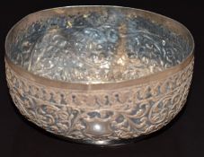 Indian or Burmese silver bowl with embossed foliate decoration and fish scale design to base, length