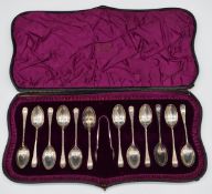 Edward VII cased set of twelve silver spoons and tongs, Sheffield 1915, maker Atkin Brothers, weight
