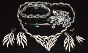 Art Deco necklace and bracelet by 'Esha Randel' set with rhinestone, similar pair of earrings, Art