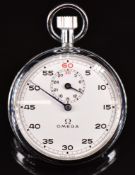 Omega keyless winding open faced stopwatch with blued hands, black Arabic numerals, white dial and